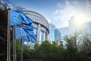 European union flag against parliament in Brussels