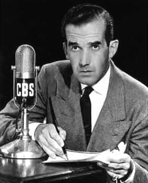 Edward Murrow, who criticized the McCarthy hearings, wearing a gray suit and black tie