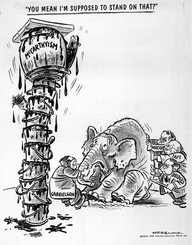 A political cartoon depicting the McCarthy hearings: an elephant being pushed and pulled toward a pile of stacked buckets titled 'McCarthyism'