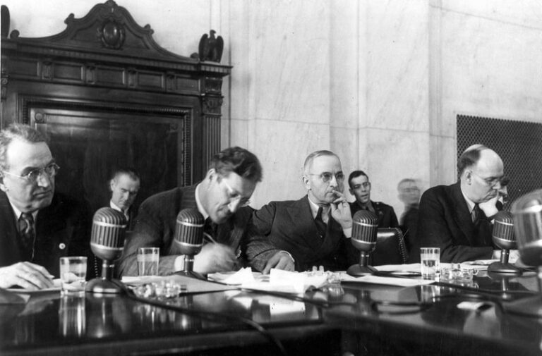 Senator James Mead, associate Chief Counsel Charles Patrick Clark, Senator Truman, and Senator Owen Brewster at a 1942 session of the Truman Committee (Source: Office of War Information/Harry S. Truman Library and Museum)