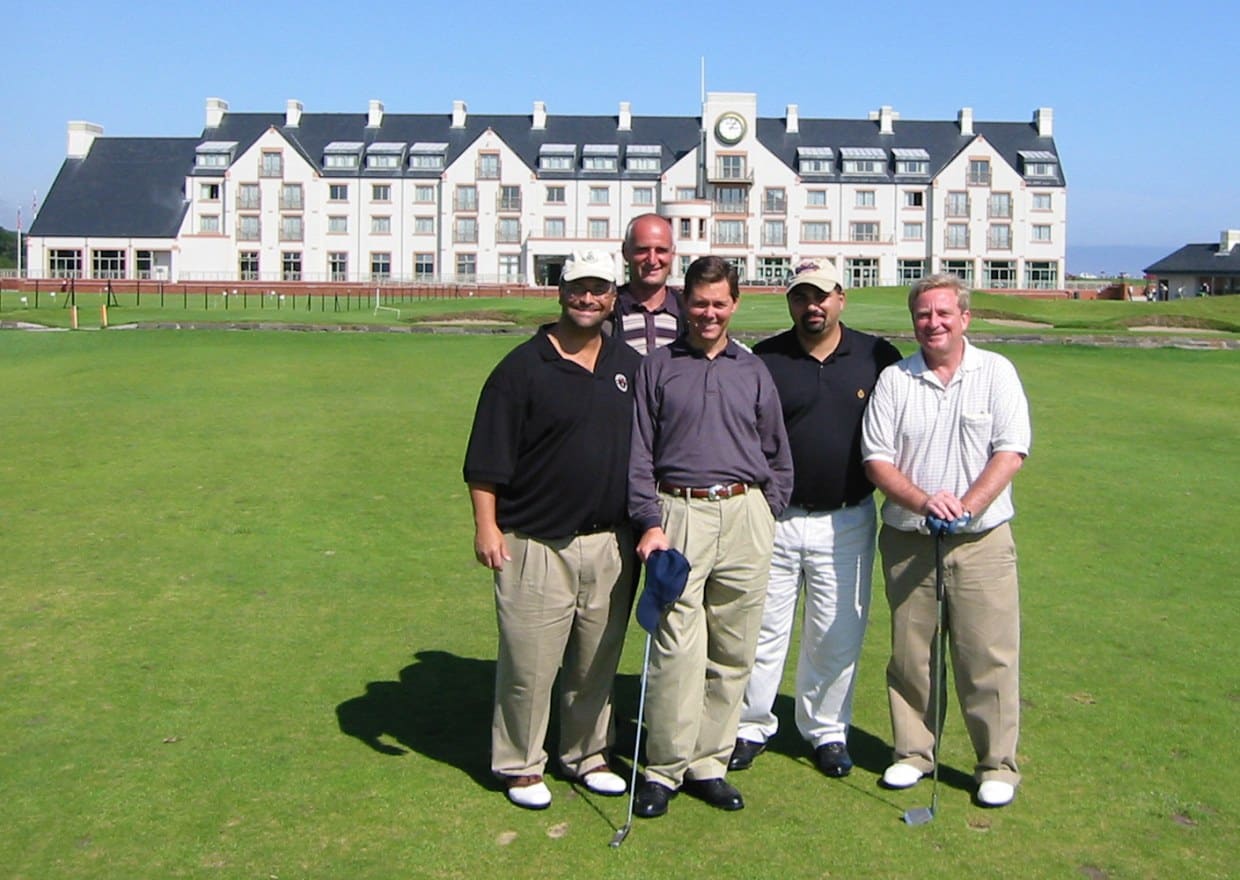 Jack Abramoff, unidentified Scottish aide, Ralph Reed, David Safavian, and Rep. Bob Ney golf at St. Andrews in Scotland in August 2002 (Source: Department of Justice)